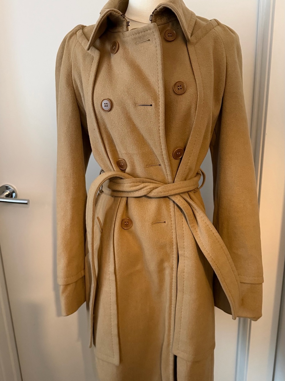 BCBG Maxazaria Womens Camel Trench Coat Belted Wool-Blend Jacket